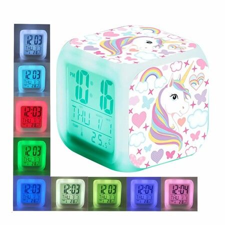 Unicorn Girl Digital Alarm Clock LCD Cube Clock with Night Glow LED Light Up Bedside Alarm Clock for Kids Boys and Women Bedroom Birthday Gifts