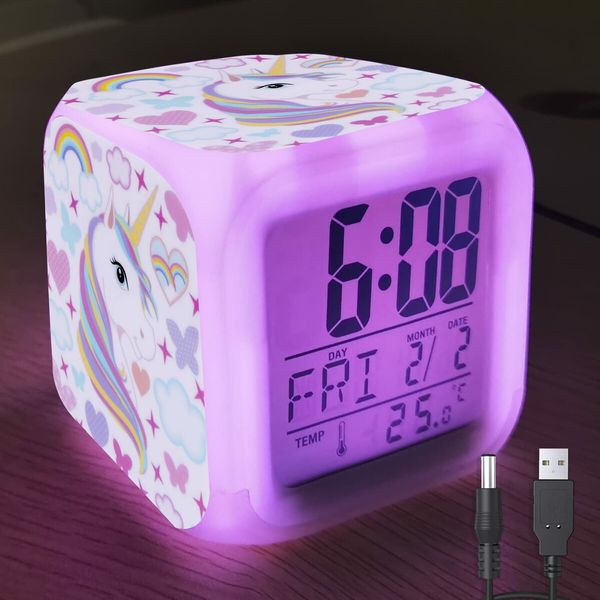 Unicorn Girl Digital Alarm Clock LCD Cube Clock with Night Glow LED Light Up Bedside Alarm Clock for Kids Boys and Women Bedroom Birthday Gifts