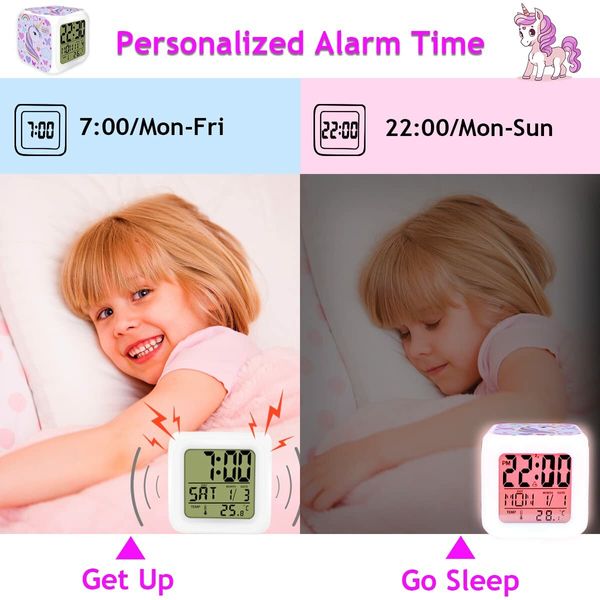 Unicorn Girl Digital Alarm Clock LCD Cube Clock with Night Glow LED Light Up Bedside Alarm Clock for Kids Boys and Women Bedroom Birthday Gifts