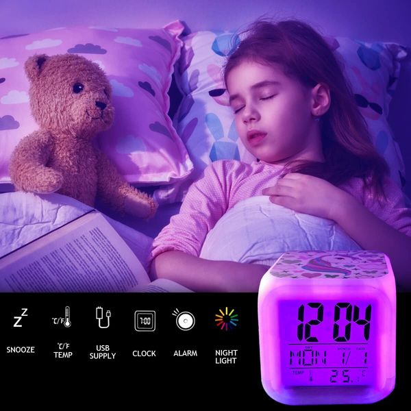 Unicorn Girl Digital Alarm Clock LCD Cube Clock with Night Glow LED Light Up Bedside Alarm Clock for Kids Boys and Women Bedroom Birthday Gifts