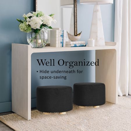 2X Fabric Ottoman Round Wooden Leg Foot Stool - BLACK