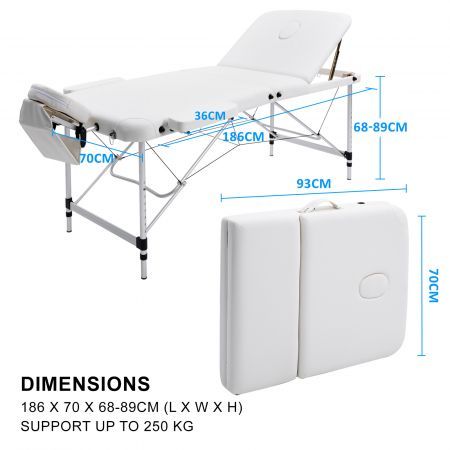 Aluminium Portable Beauty Massage Table Bed 3 Fold 70cm White