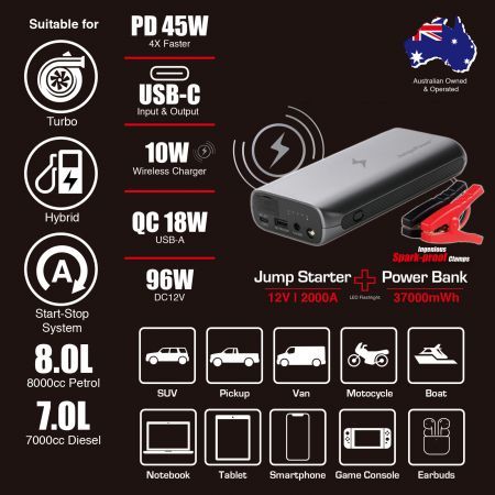 GTS 37000mWh Jump Starter 2000A USB-C Powerbank Wireless Charger