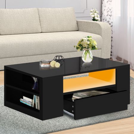 Levede Coffee Table LED Lights High Gloss Storage Drawer Living Room Black