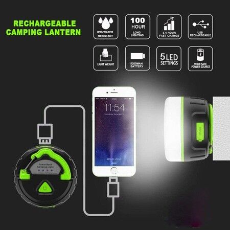 2-In-1 Rechargeable Camping Lantern Charger 5200mAh - IP65 Waterproof Portable LED Bright Emergency Lamp Outdoor