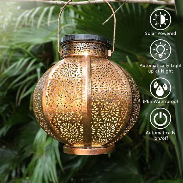 Large Outdoor Waterproof Solar Lanterns with Handle, Outdoor Metal Retro Hanging Solar Lights Halloween Garden & Yard Decorative Lights