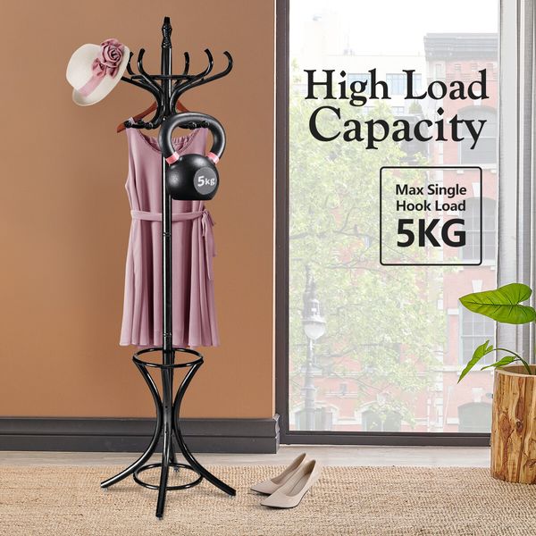 Wooden Coat Rack Stand 12 Hook Clothes Hat Hanger Umbrella Hall Tree Organizer Walnut Black