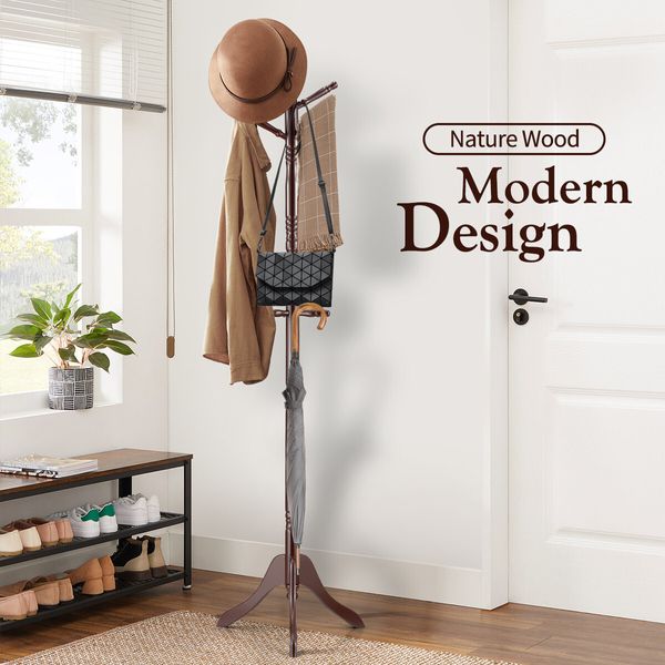 9 Hook Wooden Clothes Coat Rack Tree Stand Entryway Hall Tree Umbrella Hat Hanger