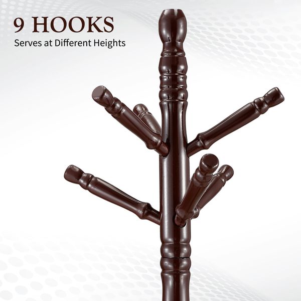 9 Hook Wooden Clothes Coat Rack Tree Stand Entryway Hall Tree Umbrella Hat Hanger