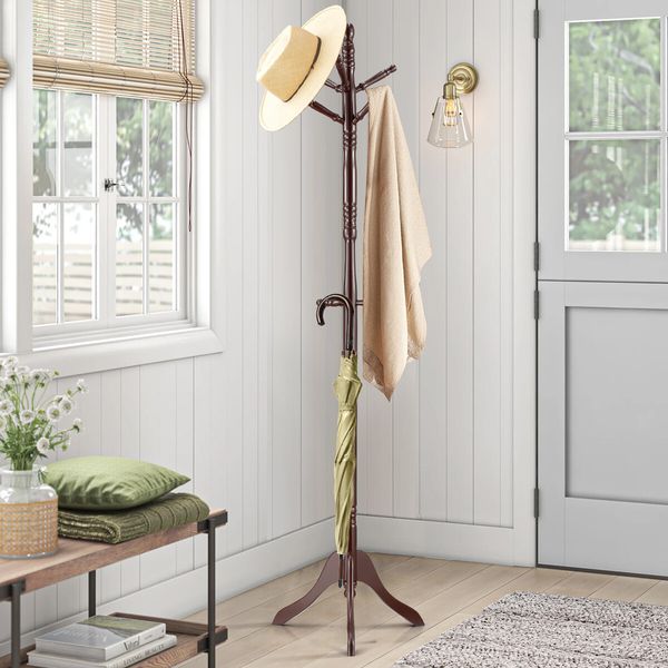 9 Hook Wooden Clothes Coat Rack Tree Stand Entryway Hall Tree Umbrella Hat Hanger