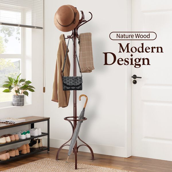 Freestanding Coat Rack 12 Hooks Wood Hall Tree Hanger for Clothes, Hat, Jacket, Umbrella