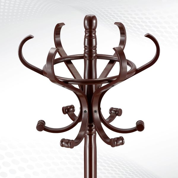 Freestanding Coat Rack 12 Hooks Wood Hall Tree Hanger for Clothes, Hat, Jacket, Umbrella