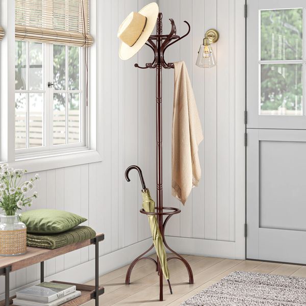 Freestanding Coat Rack 12 Hooks Wood Hall Tree Hanger for Clothes, Hat, Jacket, Umbrella