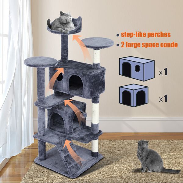 Cat Tower Tree House Scratching Post Multi-level Scratcher Gym 130cm Tall with Condos Hanging Toys