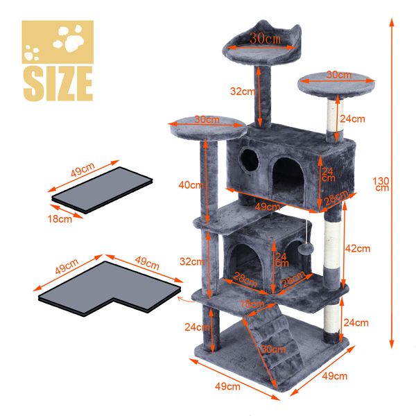 Cat Tower Tree House Scratching Post Multi-level Scratcher Gym 130cm Tall with Condos Hanging Toys