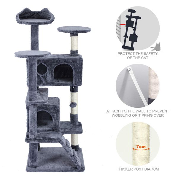 Cat Tower Tree House Scratching Post Multi-level Scratcher Gym 130cm Tall with Condos Hanging Toys