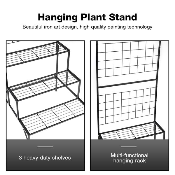 3-Tier Hanging Plant Stand Rack Metal Flower Pot Display Shelf Garden Planter Black