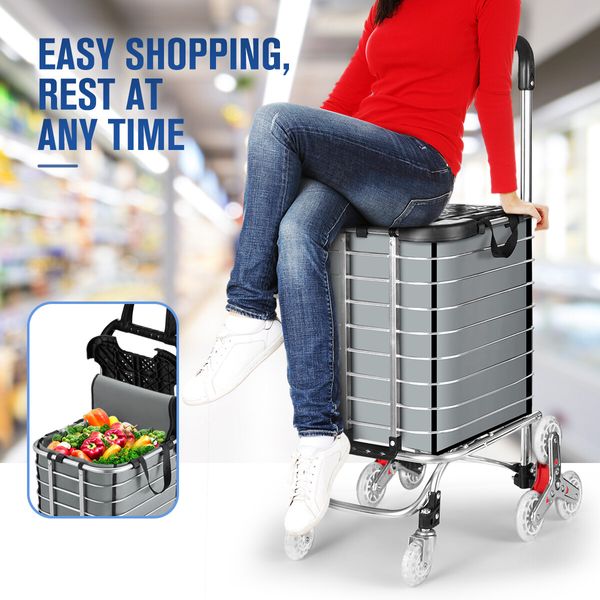 Foldable Shopping Bag Trolley Cart Waterproof Grocery Basket 4 Stair Climbing Wheels Grey