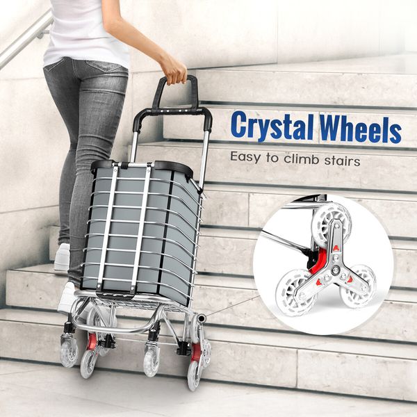 Foldable Shopping Bag Trolley Cart Waterproof Grocery Basket 4 Stair Climbing Wheels Grey