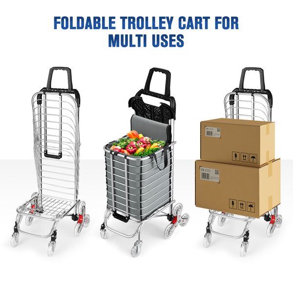 Foldable Shopping Bag Trolley Cart Waterproof Grocery Basket 4 Stair Climbing Wheels Grey