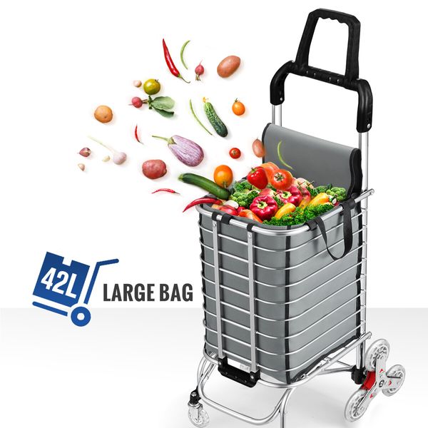 Foldable Shopping Bag Trolley Cart Waterproof Grocery Basket 4 Stair Climbing Wheels Grey