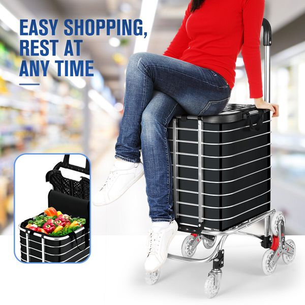 Foldable Shopping Trolley Bag Grocery Cart Waterproof Basket 4 Stair Climbing Wheels Black