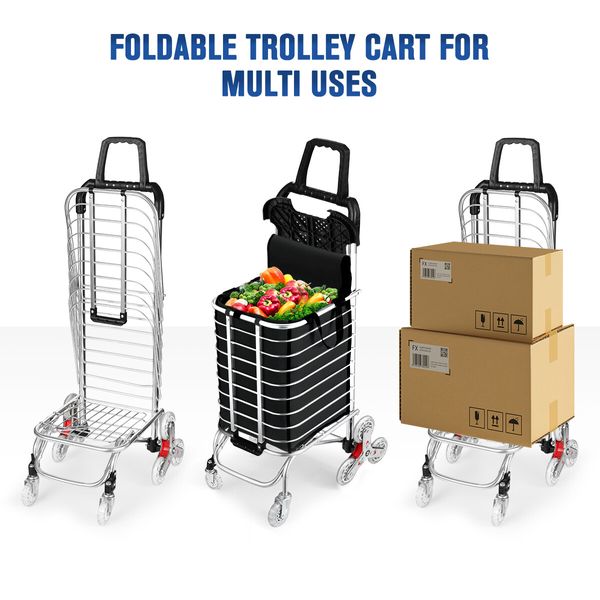 Foldable Shopping Trolley Bag Grocery Cart Waterproof Basket 4 Stair Climbing Wheels Black