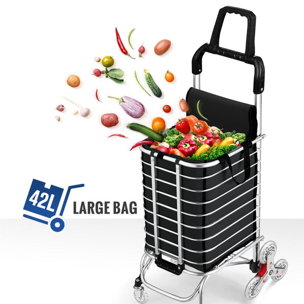 Foldable Shopping Trolley Bag Grocery Cart Waterproof Basket 4 Stair Climbing Wheels Black