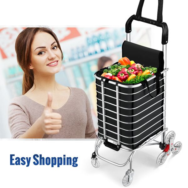 Foldable Shopping Trolley Bag Grocery Cart Waterproof Basket 4 Stair Climbing Wheels Black