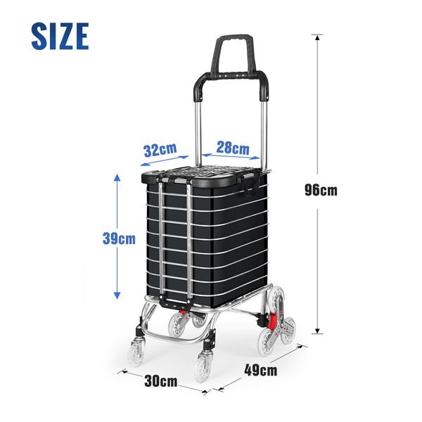 Foldable Shopping Trolley Bag Grocery Cart Waterproof Basket 4 Stair Climbing Wheels Black