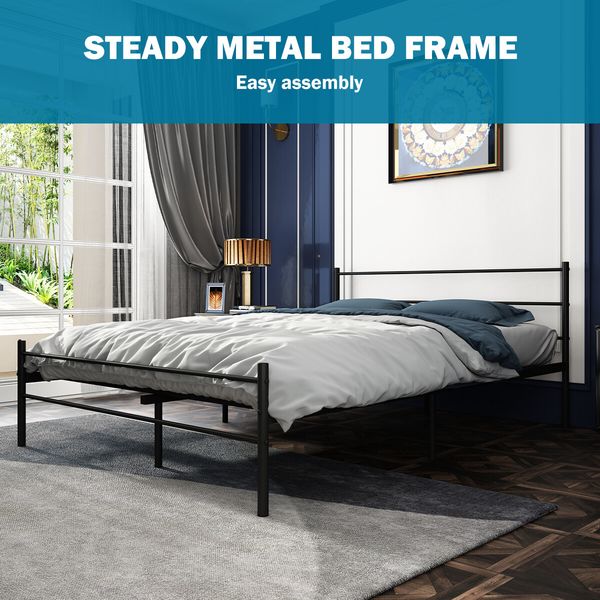 Black Queen Bed Frame Metal Platform Mattress Base Foundation with Headboard Footboard Heavy Duty Steel Slat