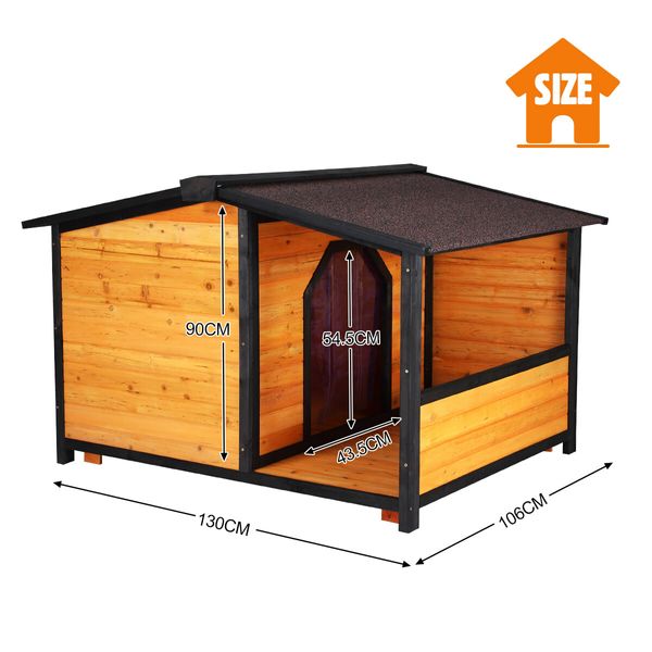 Petscene XXL Dog Kennel Fir Wooden Pet House with Porch Roof Door Window Curtain Raised Floor