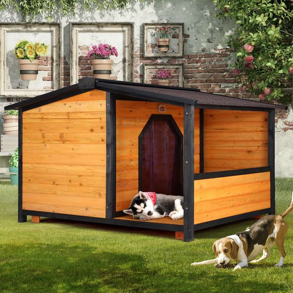 Petscene XXL Dog Kennel Fir Wooden Pet House with Porch Roof Door Window Curtain Raised Floor