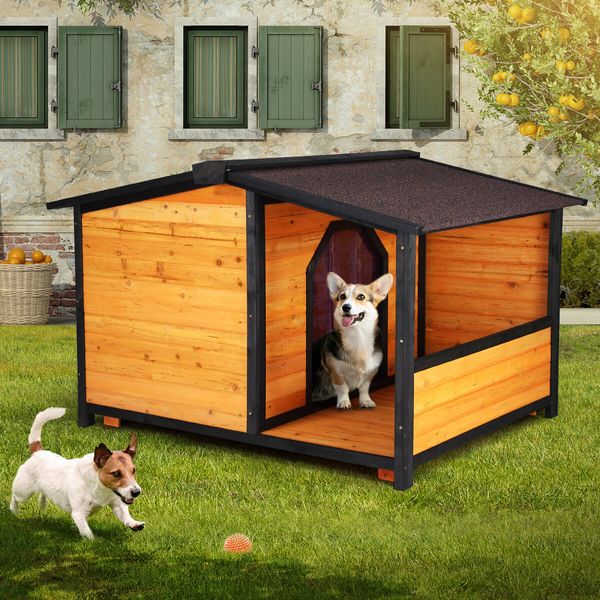 Petscene XXL Dog Kennel Fir Wooden Pet House with Porch Roof Door Window Curtain Raised Floor