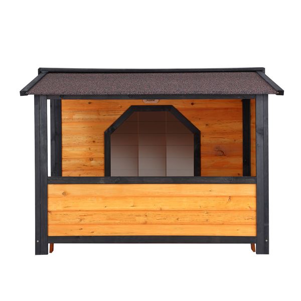 Petscene XXL Dog Kennel Fir Wooden Pet House with Porch Roof Door Window Curtain Raised Floor