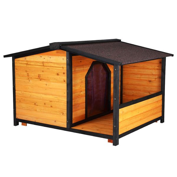 Petscene XXL Dog Kennel Fir Wooden Pet House with Porch Roof Door Window Curtain Raised Floor