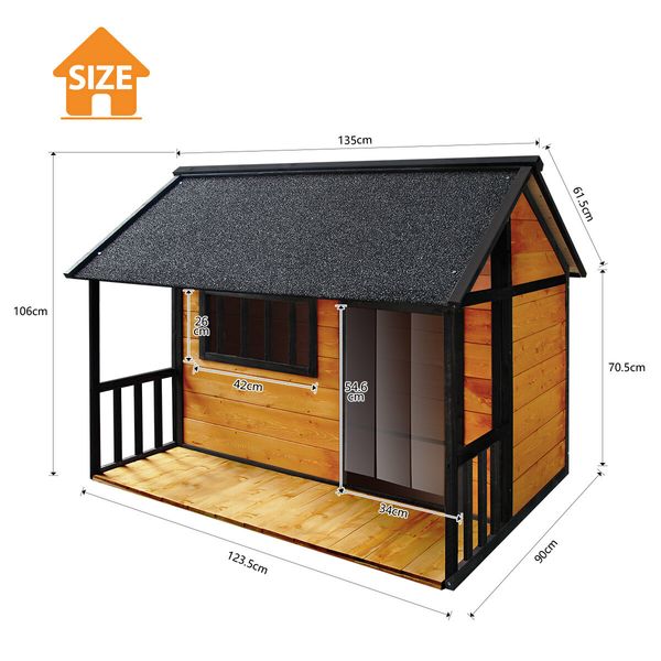 Petscene XXL Wooden Dog Kennel Raised Timer Pet House Outdoor with Porch Asphalt Roof Door Window Curtain