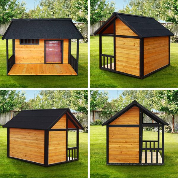 Petscene XXL Wooden Dog Kennel Raised Timer Pet House Outdoor with Porch Asphalt Roof Door Window Curtain