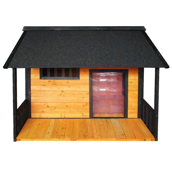 Petscene XXL Wooden Dog Kennel Raised Timer Pet House Outdoor with Porch Asphalt Roof Door Window Curtain