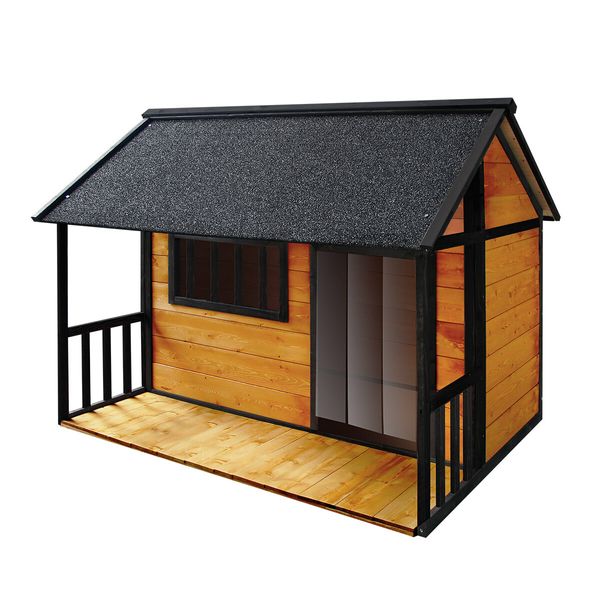 Petscene XXL Wooden Dog Kennel Raised Timer Pet House Outdoor with Porch Asphalt Roof Door Window Curtain