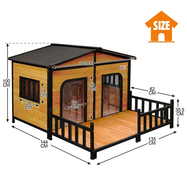 Petscene Wooden Dog Kennel XXL 2-Door Timber Pet House with Patio Curtain Openable Gable Roof Raised Floor