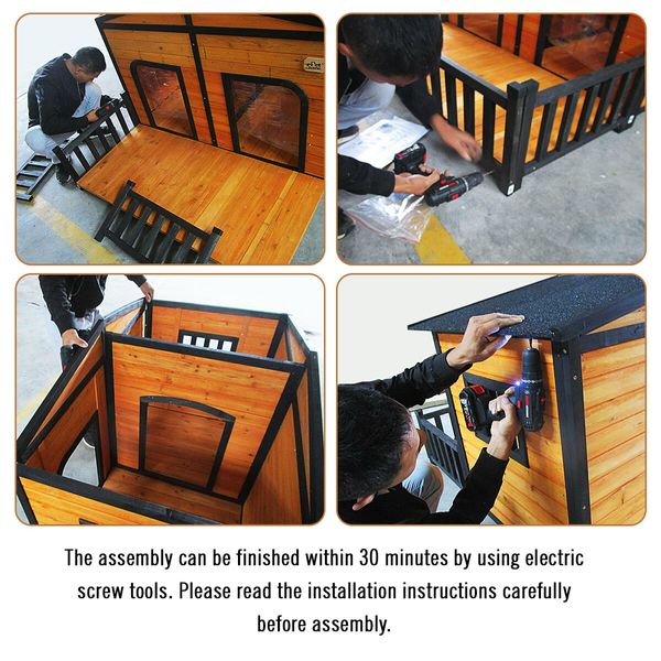 Petscene Wooden Dog Kennel XXL 2-Door Timber Pet House with Patio Curtain Openable Gable Roof Raised Floor