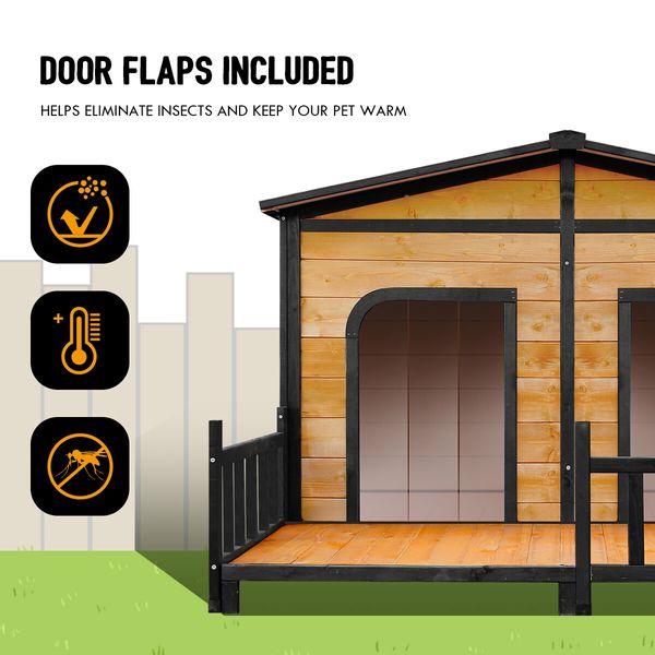 Petscene Wooden Dog Kennel XXL 2-Door Timber Pet House with Patio Curtain Openable Gable Roof Raised Floor