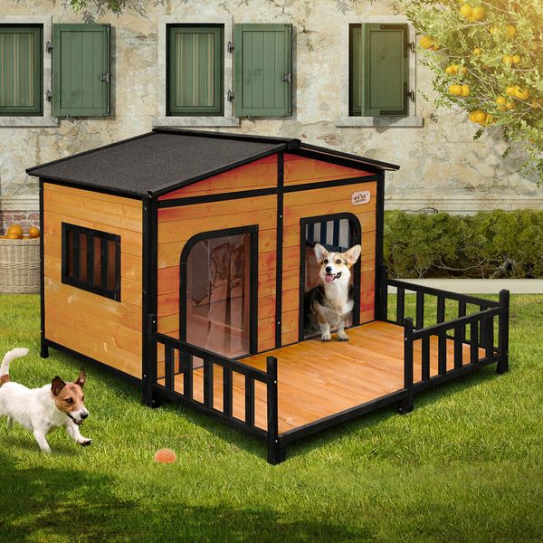 Petscene Wooden Dog Kennel XXL 2-Door Timber Pet House with Patio Curtain Openable Gable Roof Raised Floor