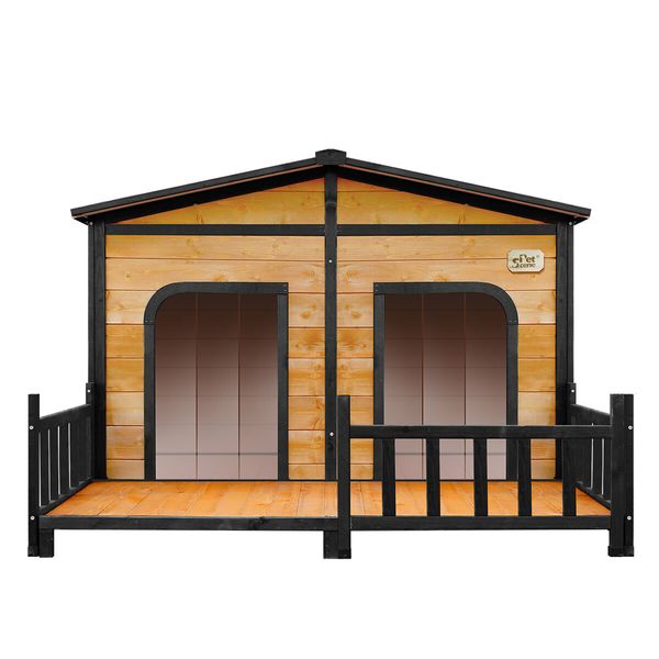 Petscene Wooden Dog Kennel XXL 2-Door Timber Pet House with Patio Curtain Openable Gable Roof Raised Floor