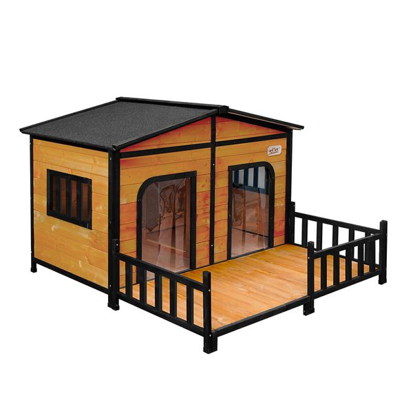 Petscene Wooden Dog Kennel XXL 2-Door Timber Pet House with Patio Curtain Openable Gable Roof Raised Floor