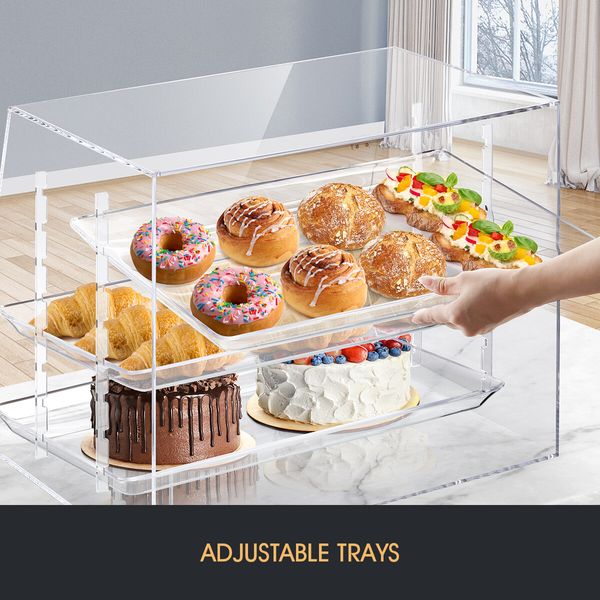 3 Tier Large Acrylic Cake Display Case Cabinet Cupcake Pastry Bakery Donut 3 Adjustable Shelves Transparent 5mm Thick