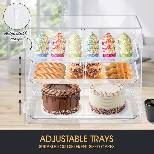 3 Tier Large Acrylic Cake Display Case Cabinet Cupcake Pastry Bakery Donut 3 Adjustable Shelves Transparent 5mm Thick