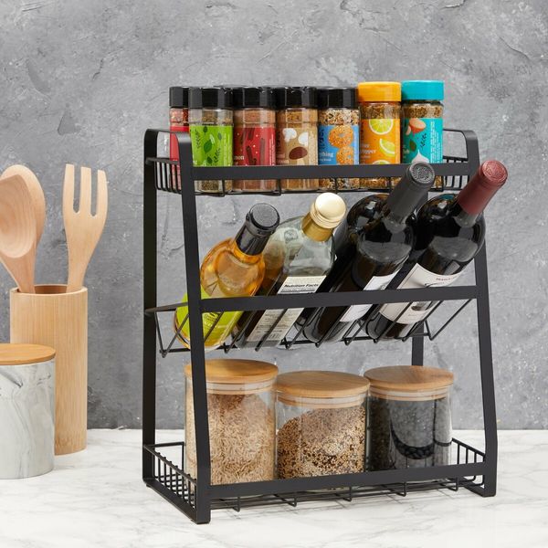 3 Tier Black Metal Spice Rack Organizer for Cabinet, Countertop, Kitchen Storage and Supplies