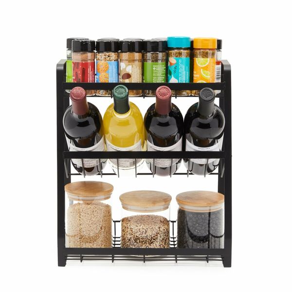 3 Tier Black Metal Spice Rack Organizer for Cabinet, Countertop, Kitchen Storage and Supplies